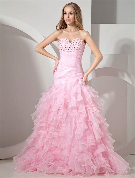 Robe de soirée princesse rosée en organza encolure coeur multicouche