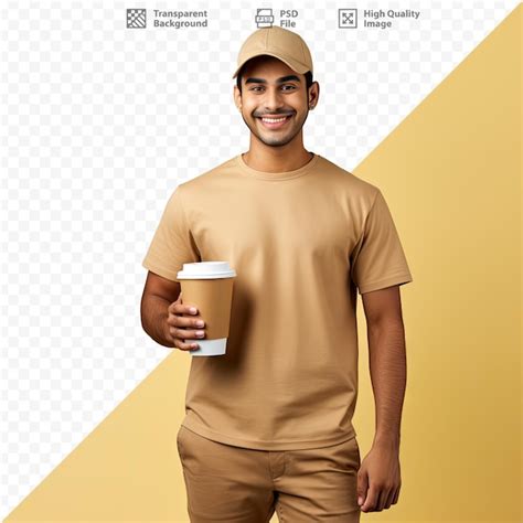 Premium Psd A Man In A Yellow Cap Holds A Cup Of Coffee