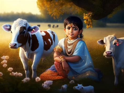 Premium AI Image | Lord Krishna with his baby cow