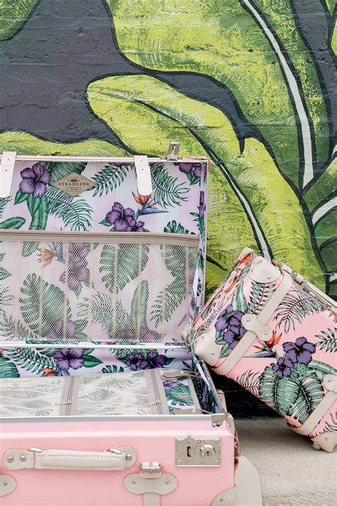 SteamLine Pink Luggage at a Palm Leaf Mural in Chicago