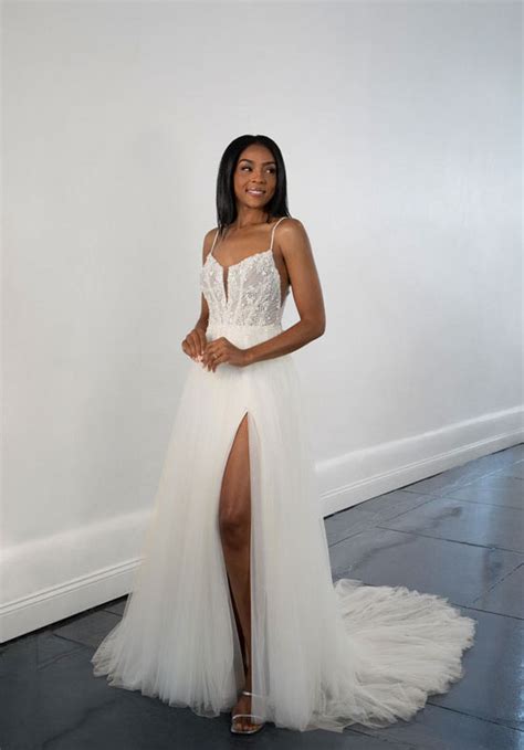 Spaghetti Strap A Line Wedding Dress With Lace Bodice And Tulle Skirt