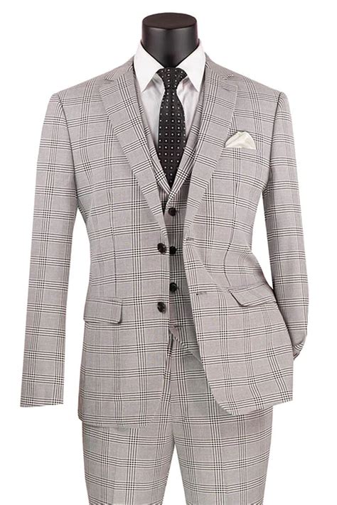 Men S Slim Fit Vested Glen Plaid Summer Business Suit In Light Grey Signaturemenswear