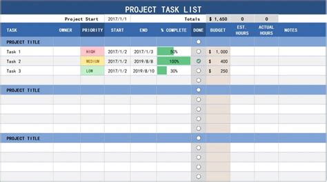 Project Task List Excel Template