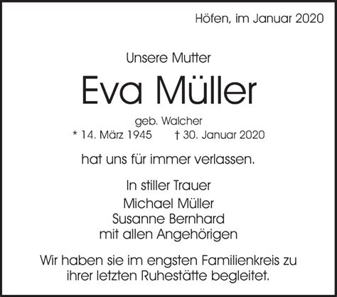 Traueranzeigen Von Eva M Ller Zvw Trauer