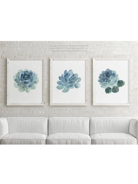 Succulent Plant Set 3 Flowers Blue Ts Wall Art Cactus Etsy