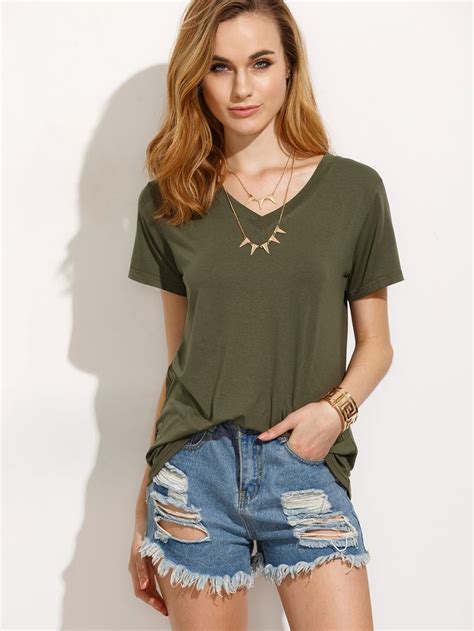 Shein Army Green V Neck Short Sleeve T Shirt Shopstyle Tshirt