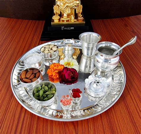 Goldtideas 12 Inch Premium Sarovar Silver Plated Pooja Thali Set