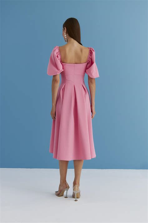 Square Neck Balloon Sleeve Pink Midi Dress Tuba Boutique