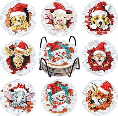 NAIMOER 8Pcs Christmas Diamond Painting Coasters DIY Life Coaster