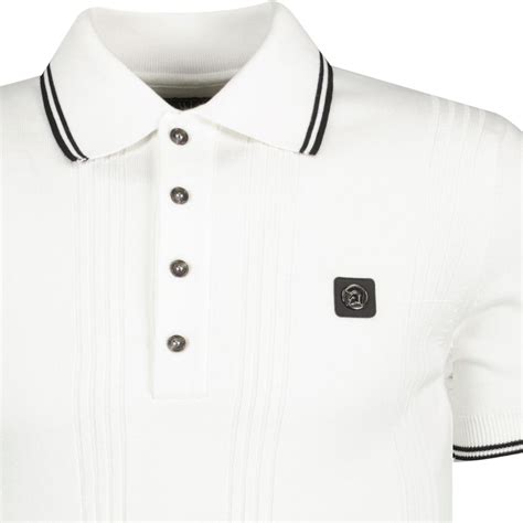 Trojan Retro Mod Self Stripe Fine Gauge Polo In Ecru