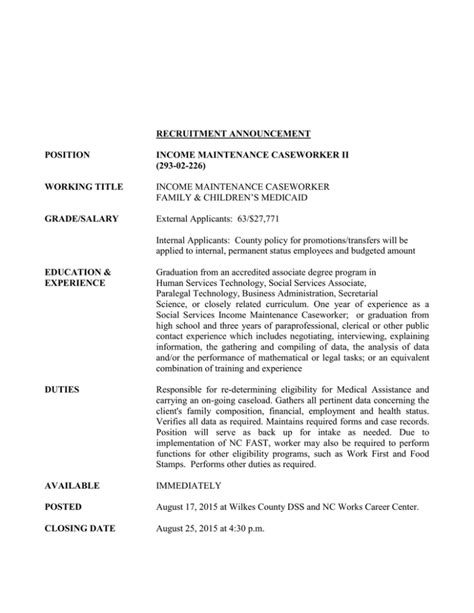 Recruitment Announcement Position Income Maintenance Caseworker Ii