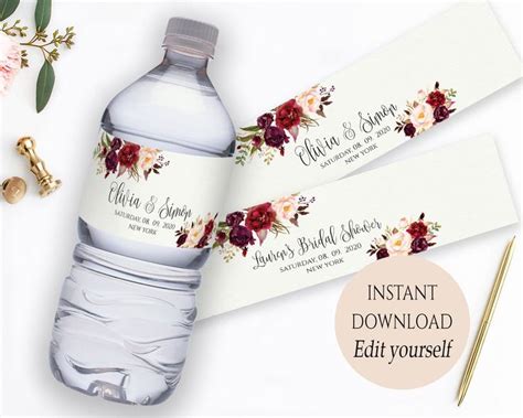 Editable Wedding Water Bottle Label Water Bottle Labels Wedding Water