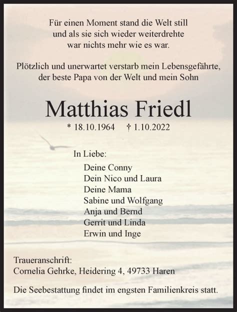 Traueranzeigen Von Matthias Friedl Nordwest Trauer De