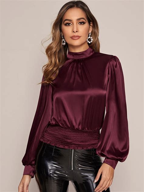 Gathered Neckline Lantern Sleeve Shirred Hem Satin Top Satin Top