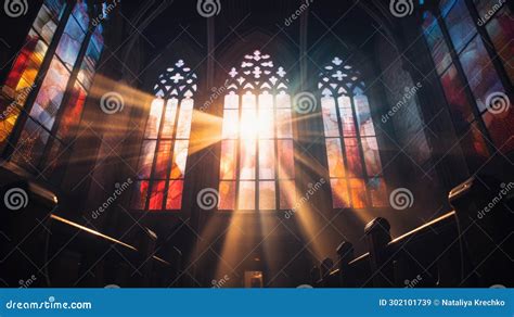 Sun Rays through the Stained Glass Windows of the Church. Stock ...