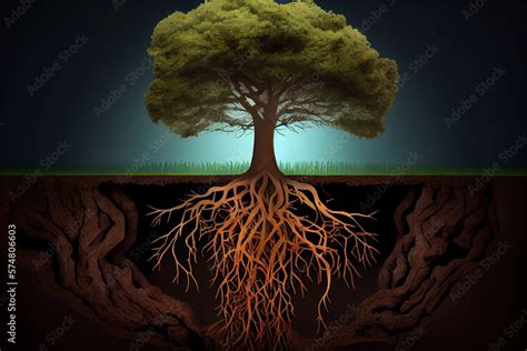 ภาพประกอบสต็อก Root System Of A Tree Growing Underground Soil Section