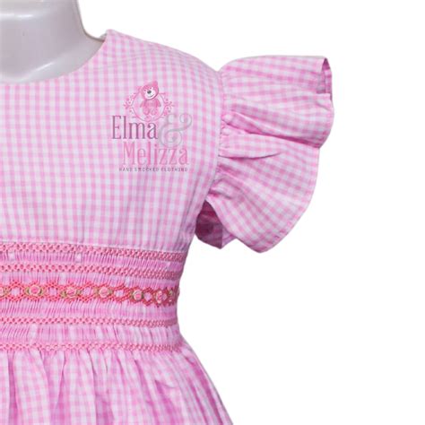 Pink Color Check Fabric Hand Smocked Baby Girl Dress Elma And Melizza