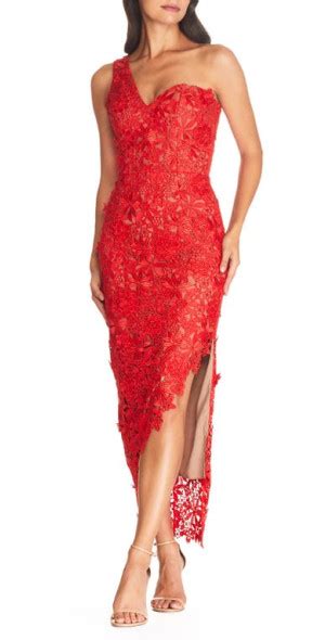 Dress The Population Magnolia One Shoulder Lace Bodycon Gown In Rouge