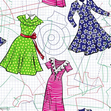 Seamless Vector Sewing Pattern With Paper Patterns And Sketches Of