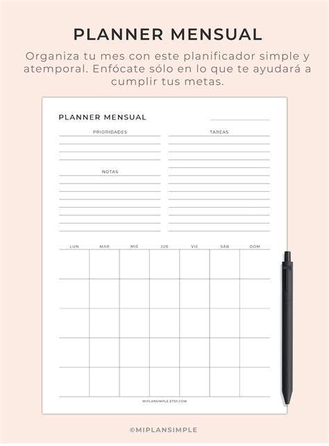 Planner Mensual Semanal Y Diario Agenda PDF A4 A5 Carta Imprimible