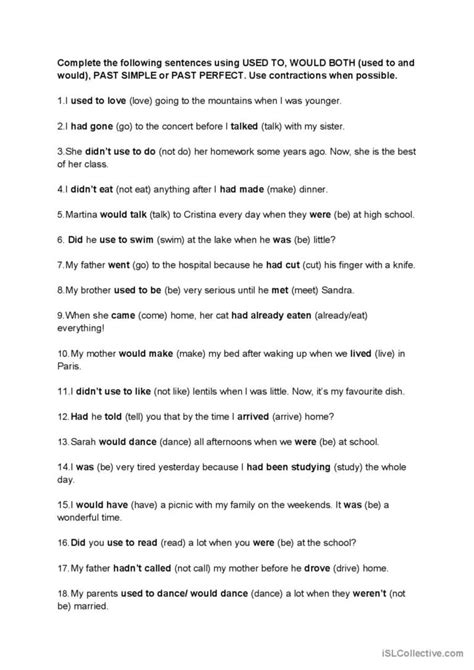 Past Habits Used To And Would And English Esl Worksheets Pdf And Doc