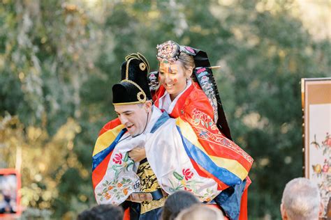 Groom Giving Bride A Piggyback Ride Traditional During Korean Paebaek