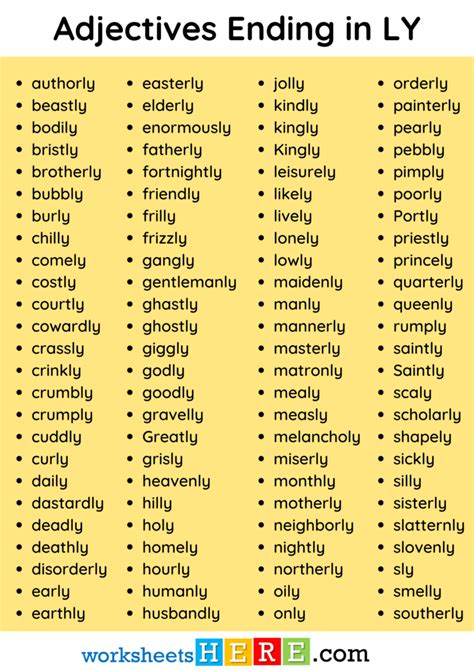 Adjectives Words List Ending In LY PDF Worksheet For Students