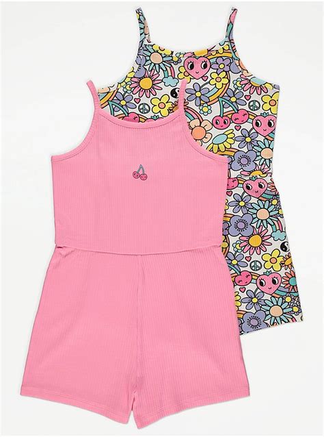 Pink Fruity Ribbed Playsuits 2 Pack Kids George At Asda