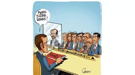 Le dessin de Chaunu les chefs de partis réunis par Emmanuel Macron