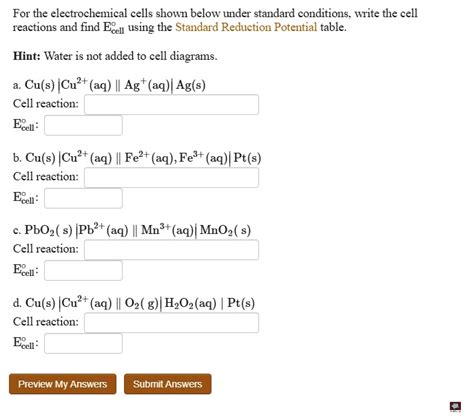 SOLVED For The Electrochemical Cells Shown Below Under Standard