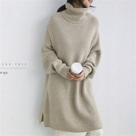 Thick Autumn Winter Long Sweater Women 2018 Lantern Sleeve Turtleneck Slit Sweaters Pullovers