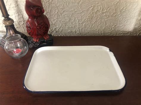 Large Vintage White Enamel Serving Tray Enamelware Etsy Vintage