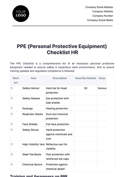 Free Ppe Personal Protective Equipment Checklist Hr Template Edit Online And Download