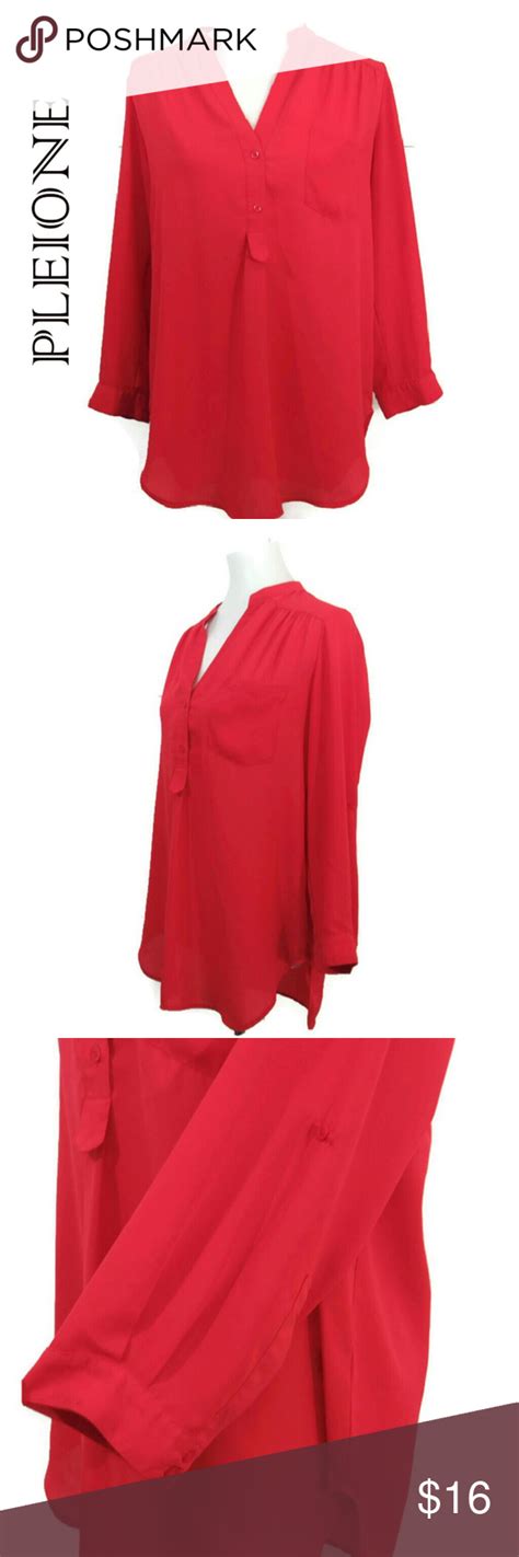 Pleione Red Sheer Roll Tab Sleeve Blouse S Red Pullover Sleeves