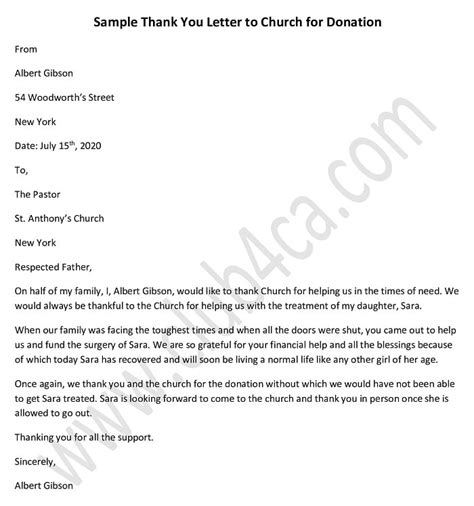 Thank you Letter Template for Donation to Church