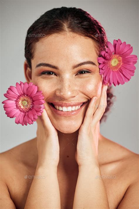 Flowers Skincare And Face Portrait Of A Woman With Natural Beauty And