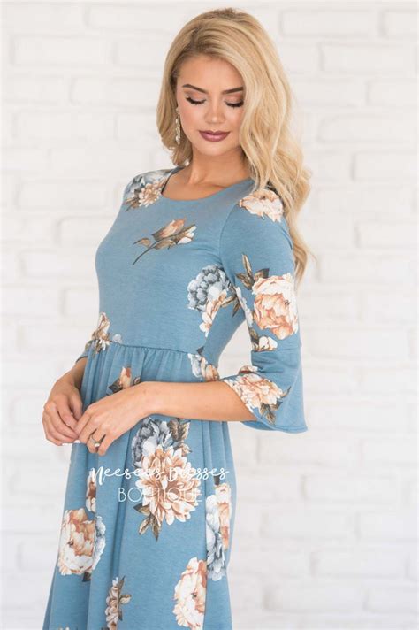 Dusty Blue Floral Bell Sleeve Modest Bridesmaids Dress Best And