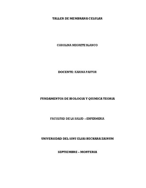 Taller DE Membrana Celular - TALLER DE MEMBRANA CELULAR CAROLINA
