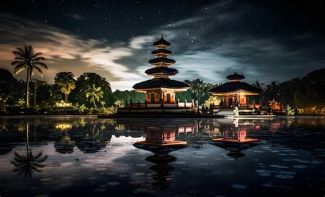 Premium Photo Pura Temple At Night With Starry Sky And Reflection In