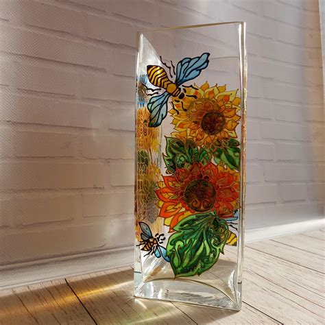 Tall Stained Glass Vase 1044 In 261010 Cm Sunflowers Etsy