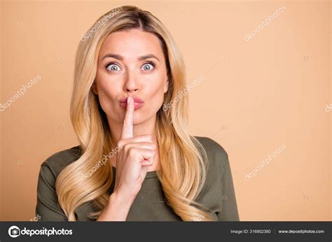 Close Up Photo Of Pretty Blonde Sweet Charming Nice Green Girlfriend Showing You Shh Sign To
