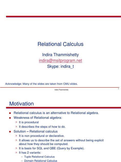 Relational Calculus Indira Thammishetty Pdf Formalism Deductive