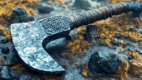 A Detailed Viking Axe With Intricate Carvings Resting On Rocky Ground