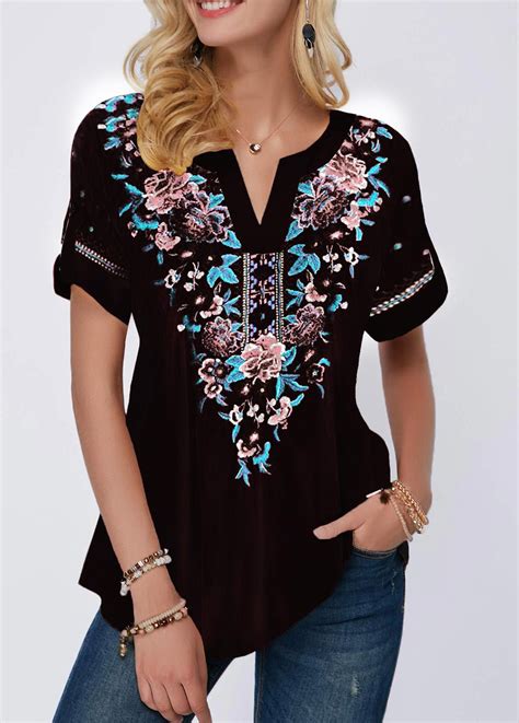 Roll Tab Sleeve Printed Split Neck Blouse Usd 21 58