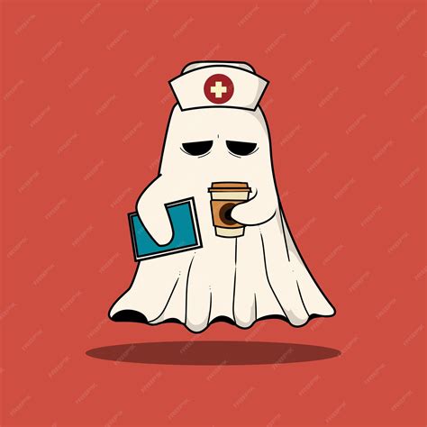 Premium Vector Funny Cute Ghost Nurse Working Overtime Drinking Coffee While Doing Her Round