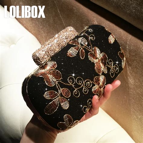 LOLIBOX Women Clutches Sparkling Embroidery Gold Thread Flower Diamond