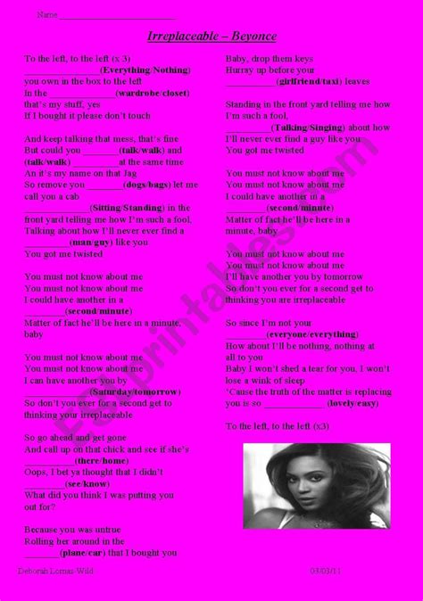 Beyonce - Irreplaceable - ESL worksheet by wildchris