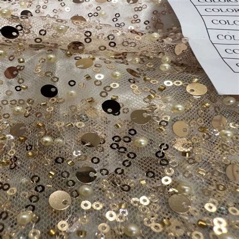 Champagne Soft Tulle Mesh Fabric Heavily Embellished With Sequins