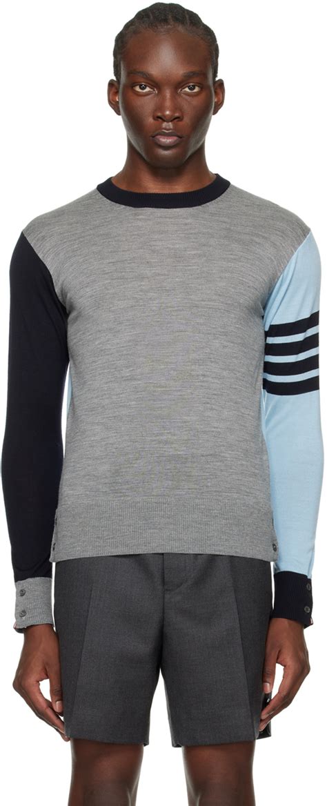 Blue Gray Funmix 4 Bar Sweater By Thom Browne On Sale