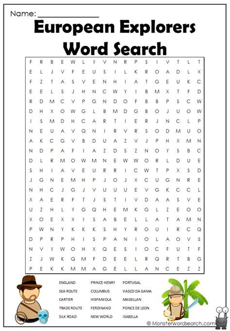 European Explorers Word Search Monster Word Search